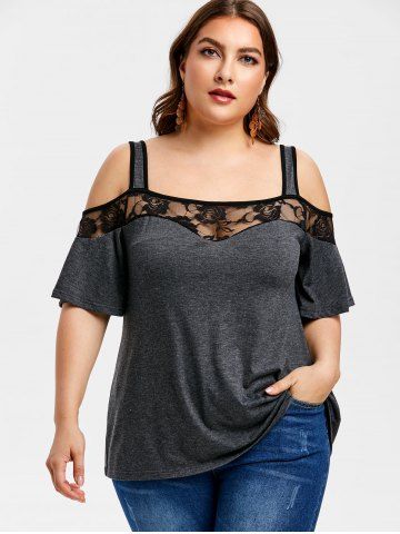 

Plus Size Sheer Lace Insert Cold Shoulder T Shirt, Dark gray