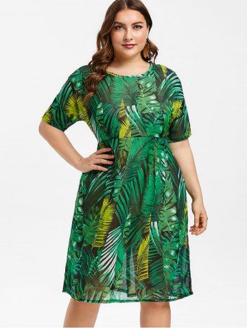 

Plus Size Palm Print See Through Dress, Deep green