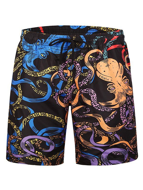 

Octopus Printed Drawstring Board Shorts, Black