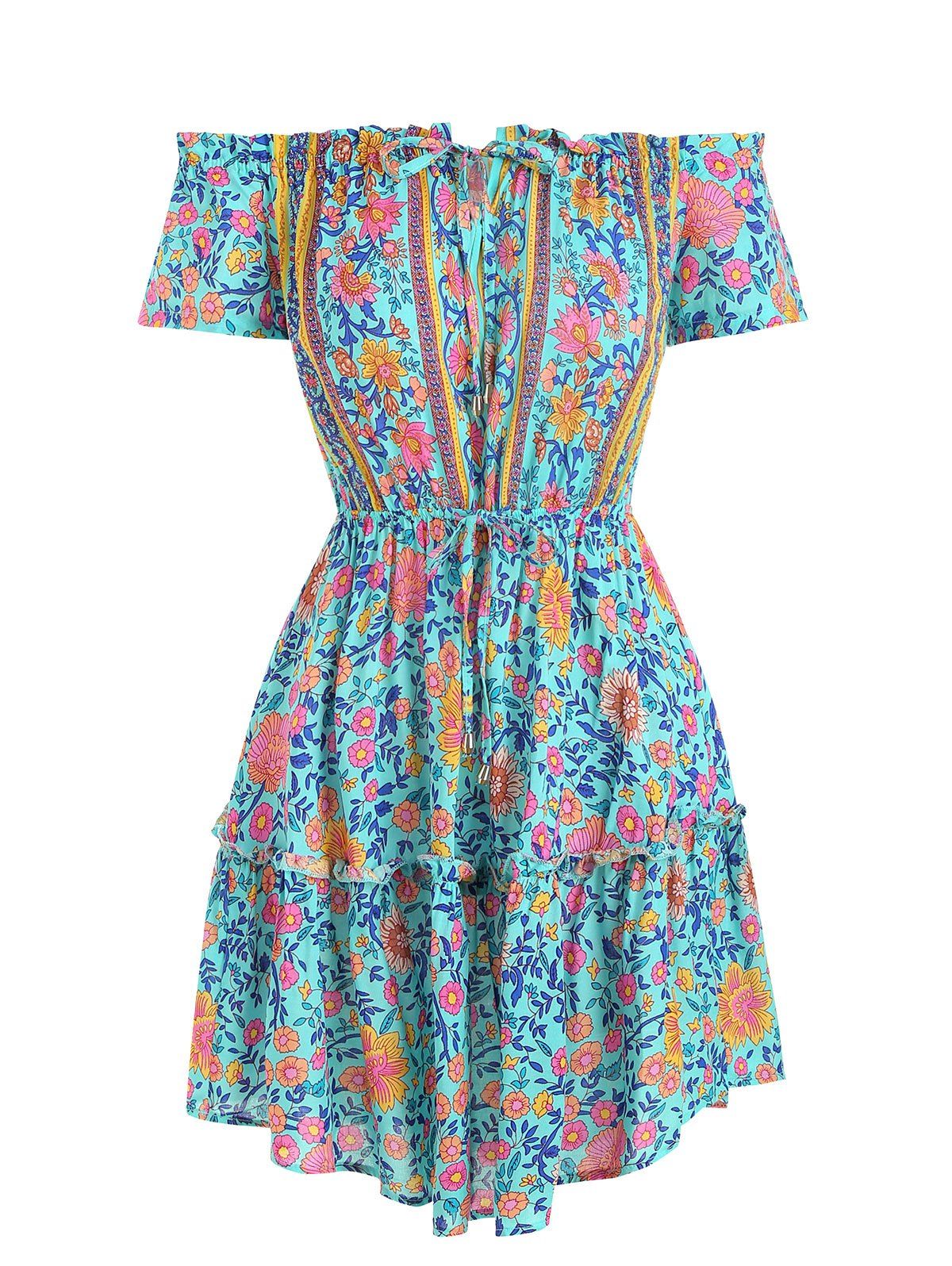 

Boho Calico Print Mini Dress, Blue