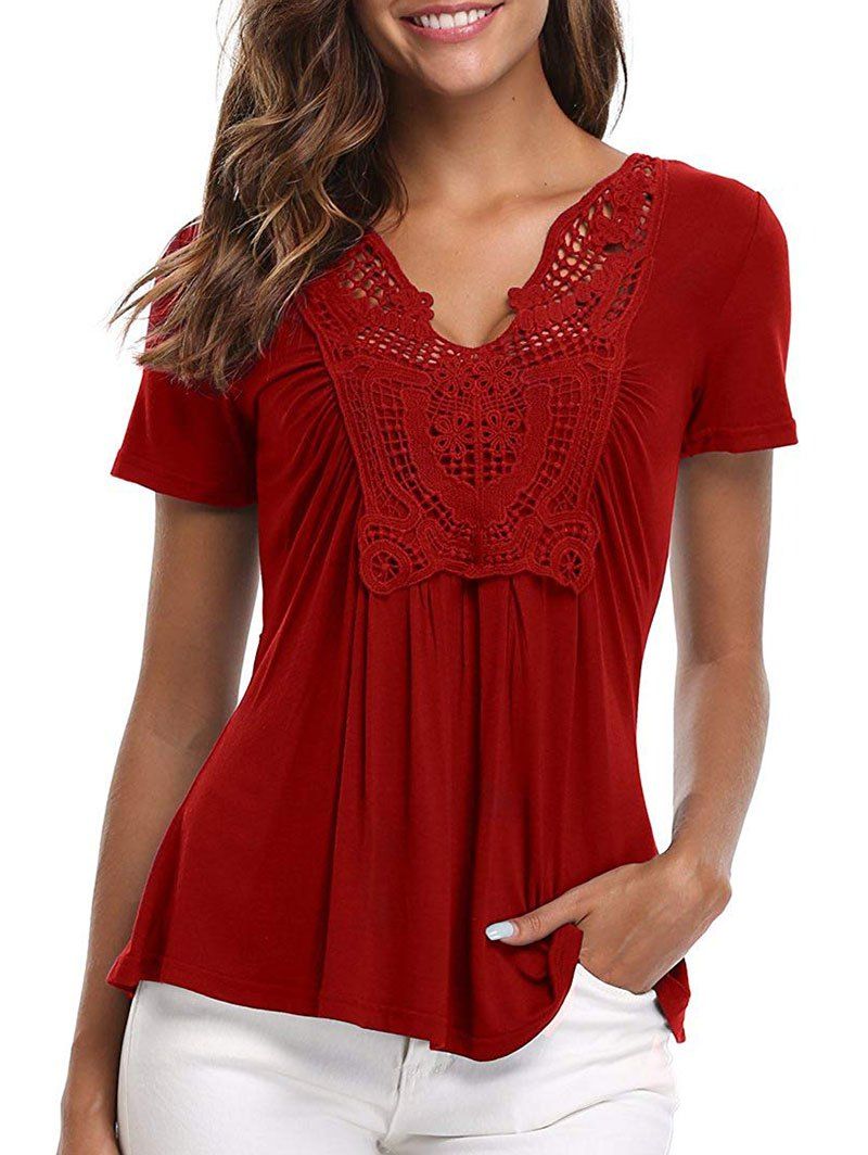 

V Neck Crochet Panel Top, Red wine