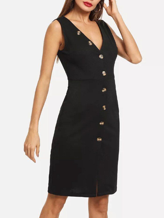 

Button Embellished Low Cut Dress, Black