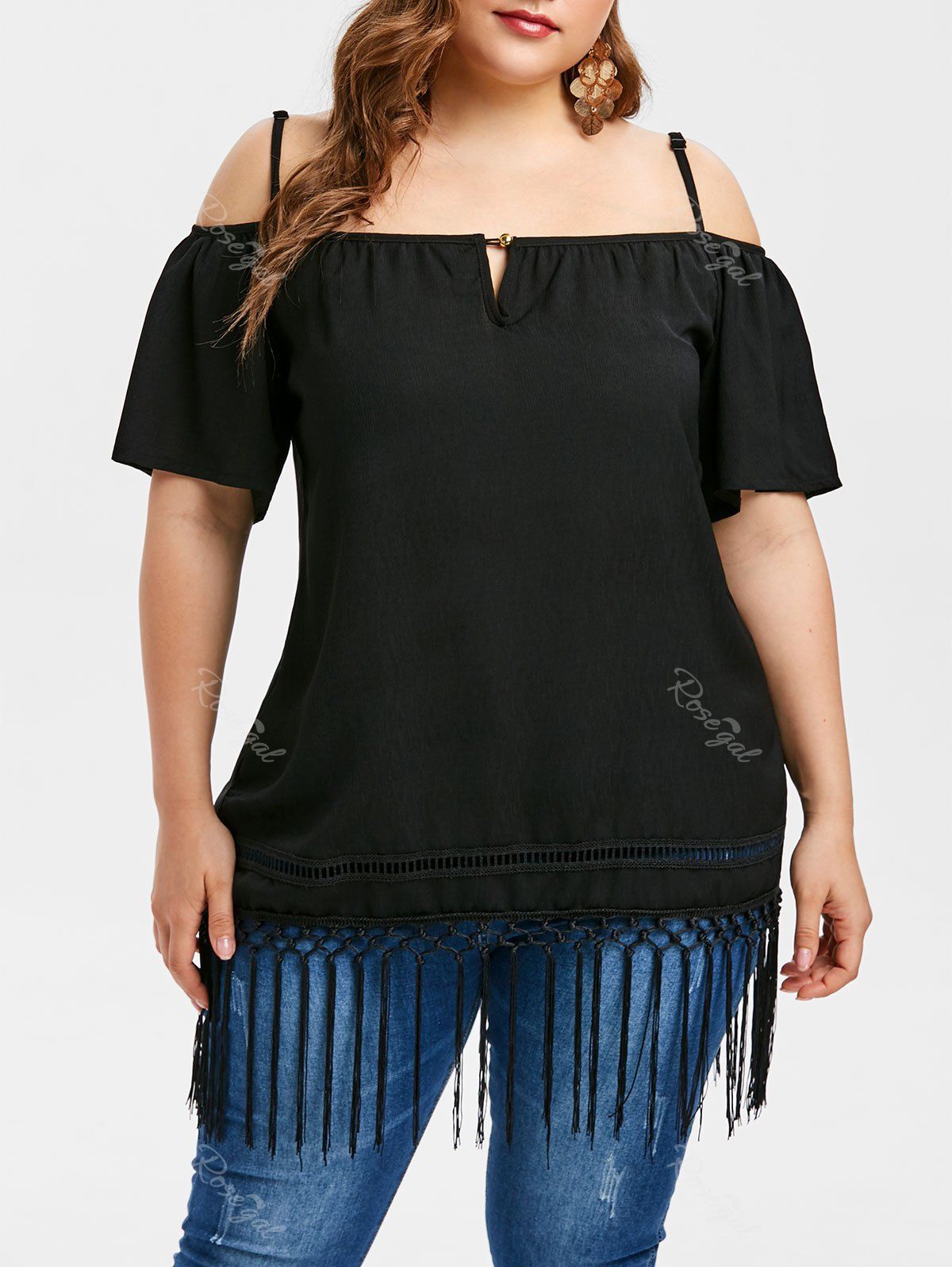 

Open Shoulder Plus Size Fringe Embellished T-shirt, Black