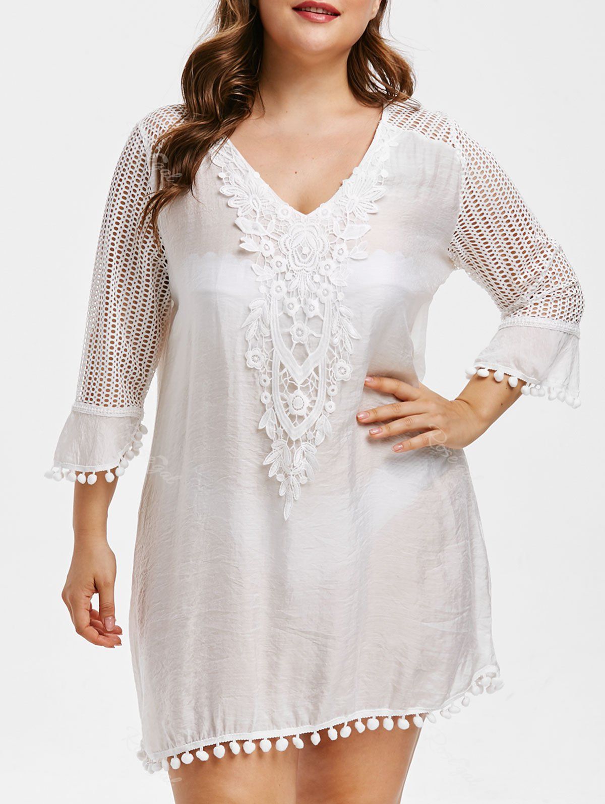 

Openwork Plus Size Lace Panel Cover Up, White