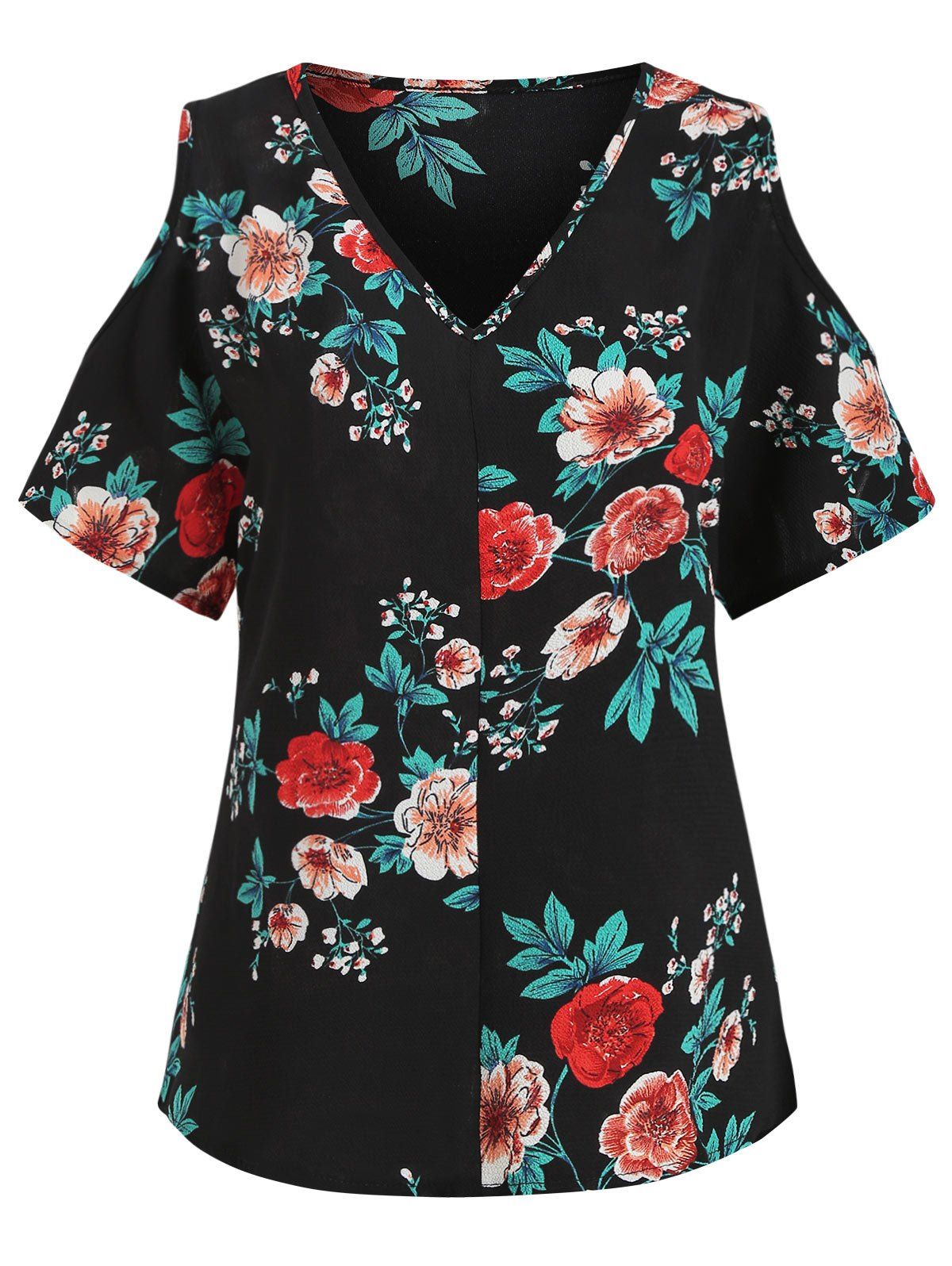 

Textured Plant Print Cold Shoulder Blouse, Black