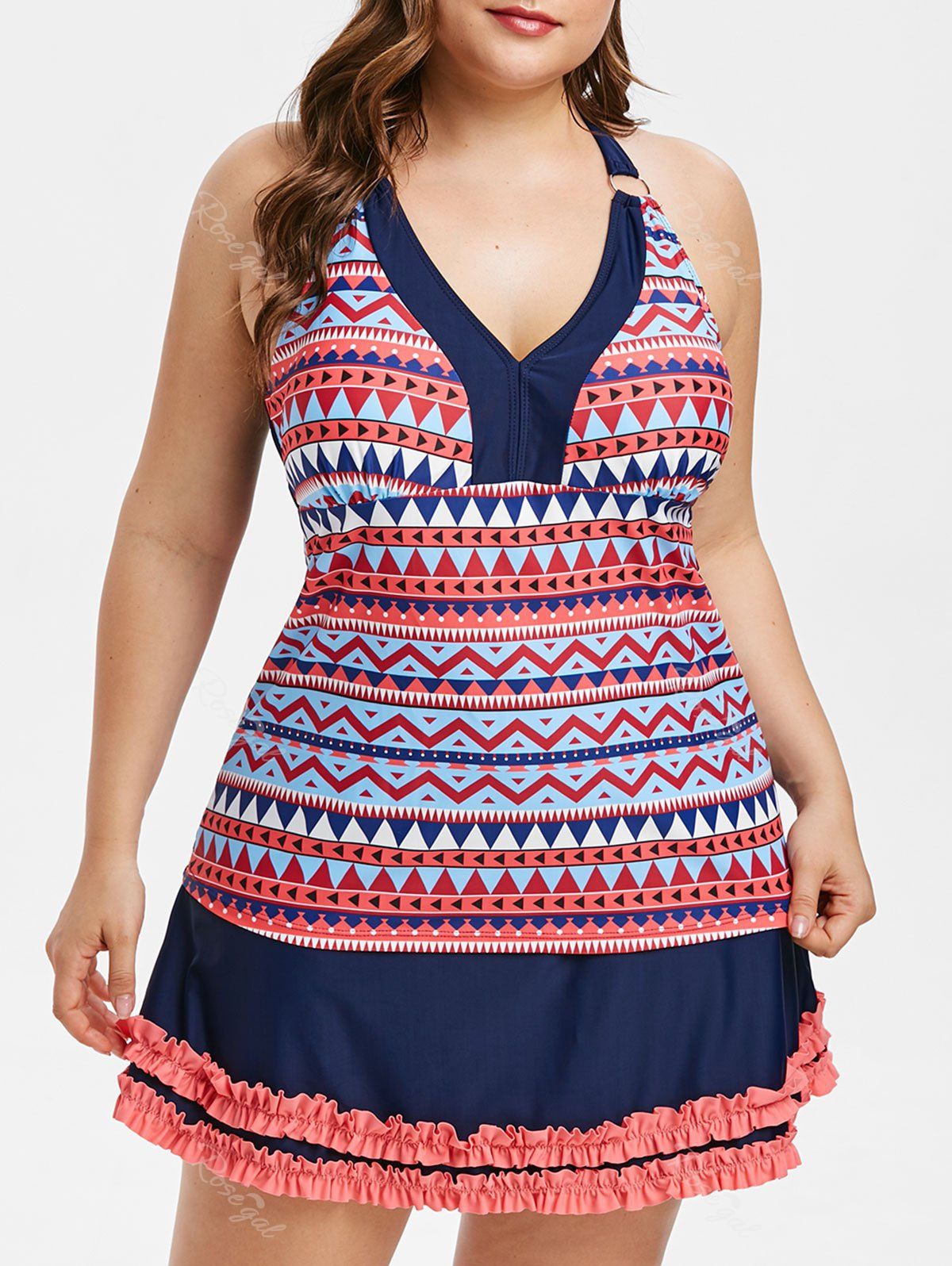 

Plus Size Halter Printed Frilled Tankini Set, Multi