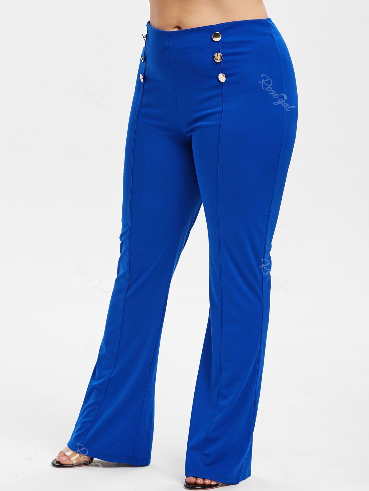 

Button Embellished Plus Size Bootcut Pants, Blue