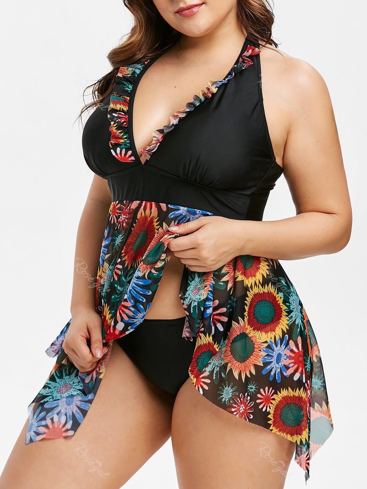 Off Plus Size Sunflower Asymmetrical Open Back Tankini Set Rosegal