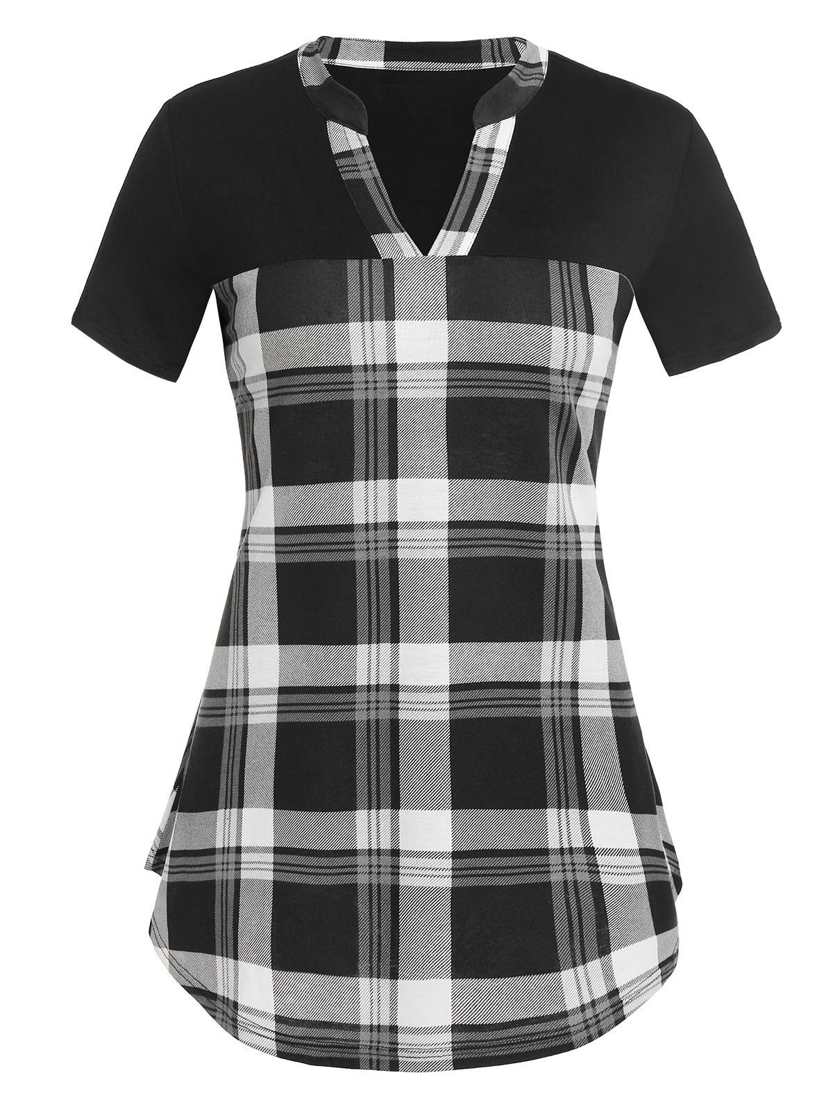

V Neck Plaid Tunic Tee, Black