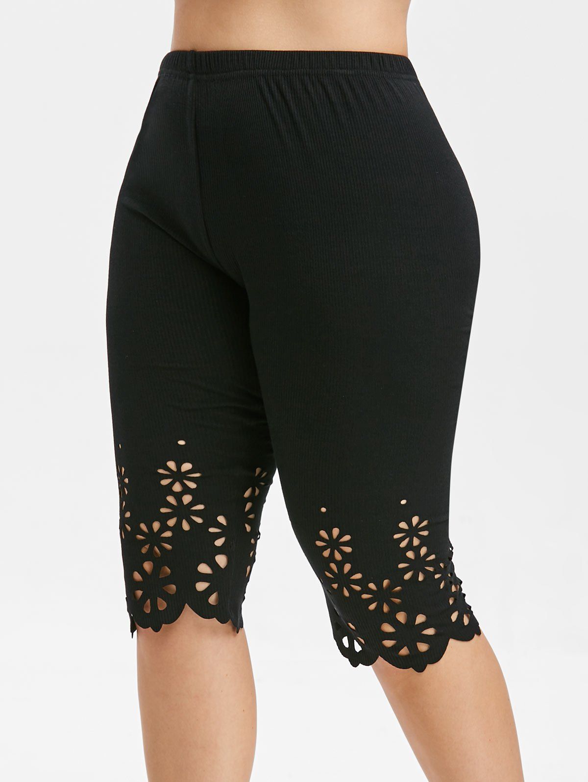 

Laser Cutting Plus Size Elastic Waist Leggings, Black