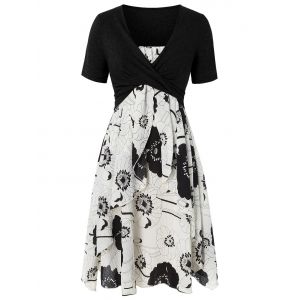 

Plus Size Two Piece Print Layered Midi Dress With Criss Cross Crop Top, Night