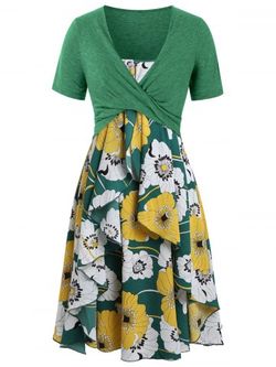 Plus Size Print Layered Midi Dress With Criss Cross Crop Top - SHAMROCK GREEN - L