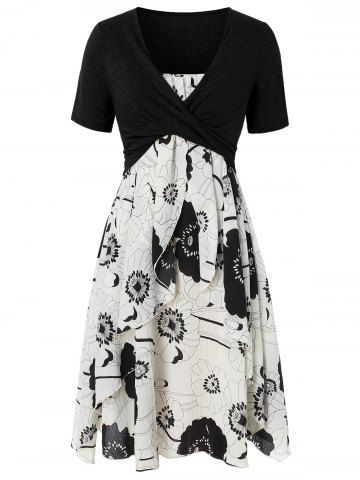 Plus Size Print Layered Midi Dress With Criss Cross Crop Top - NIGHT - L