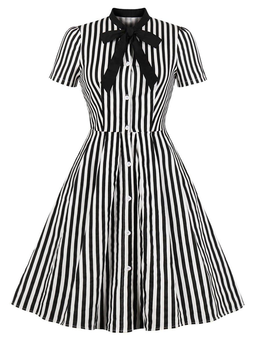 Trendy Button Up Tie Striped Vintage Dress  