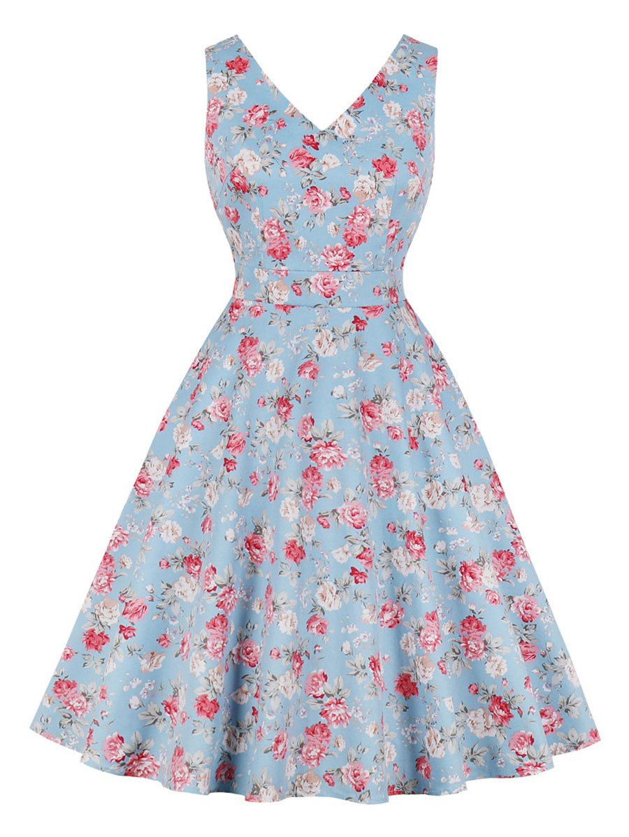 

Floral V Neck 1950s Dress, Multi-b