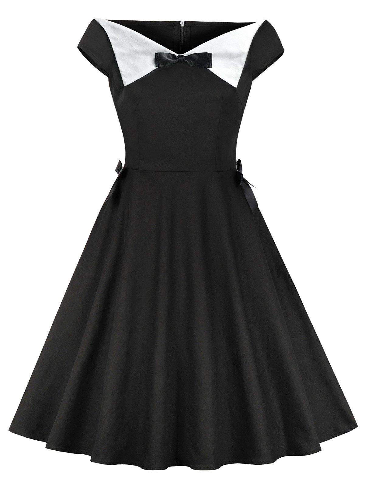 

Satin Bowknot Boat Neck Vintage Dress, Black