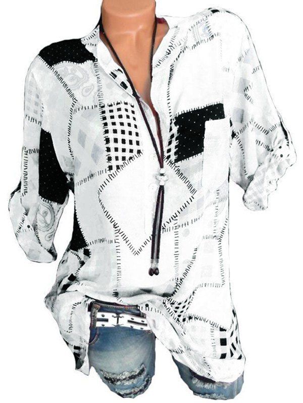 

Half Button Checked Print Blouse, White
