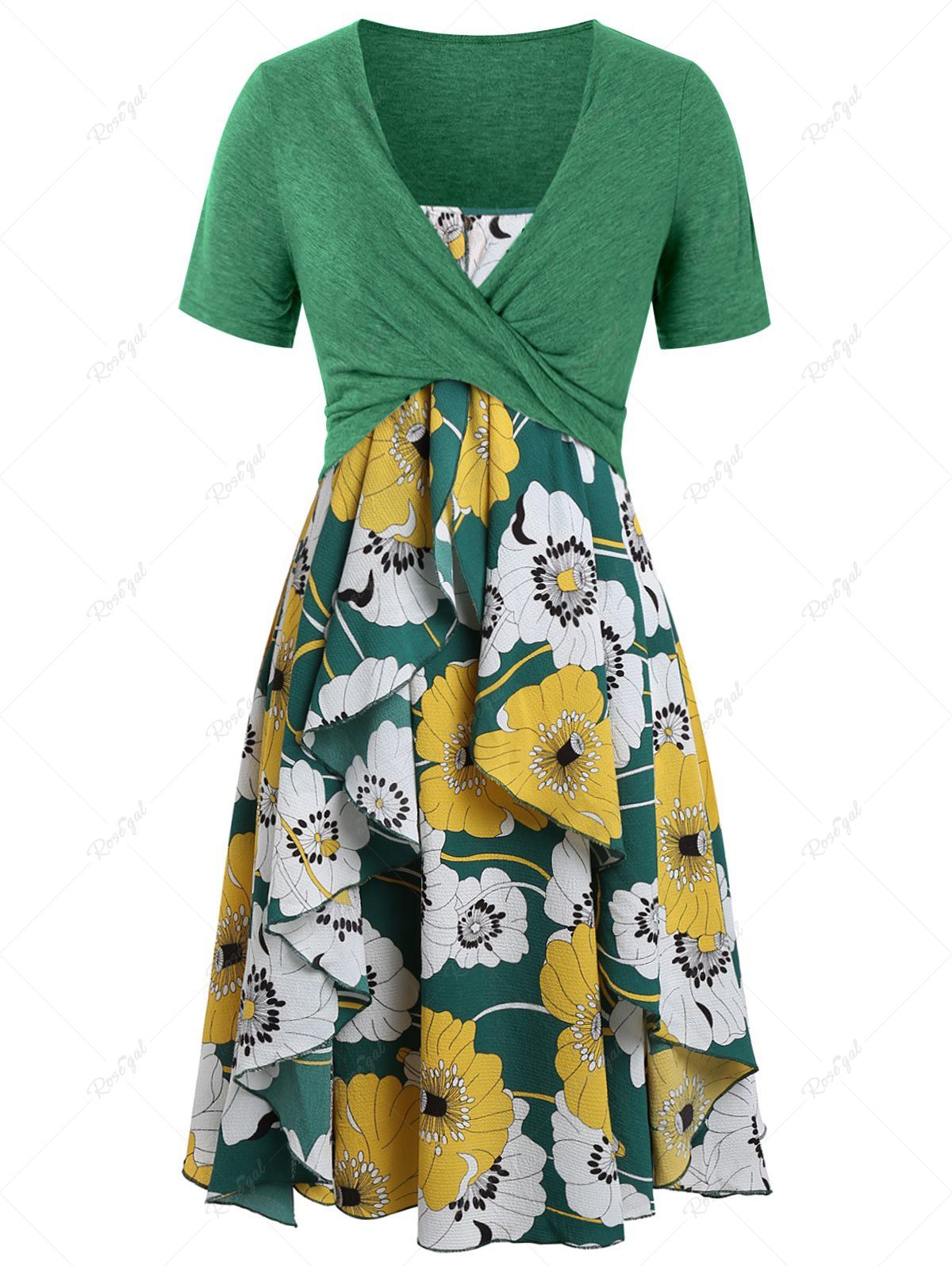 Best Plus Size Print Layered Midi Dress With Criss Cross Crop Top  