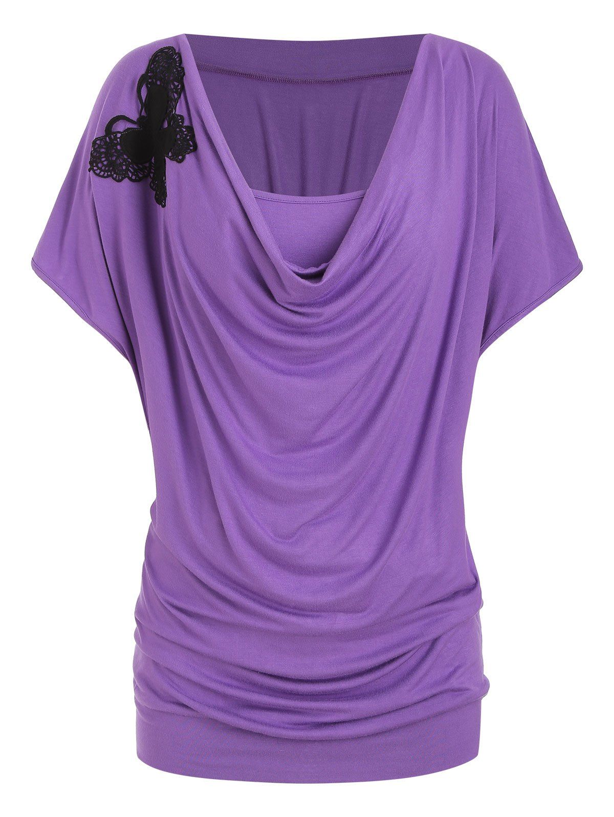 

Plus Size Lace Panel Ruched T Shirt With Camisole, Purple flower