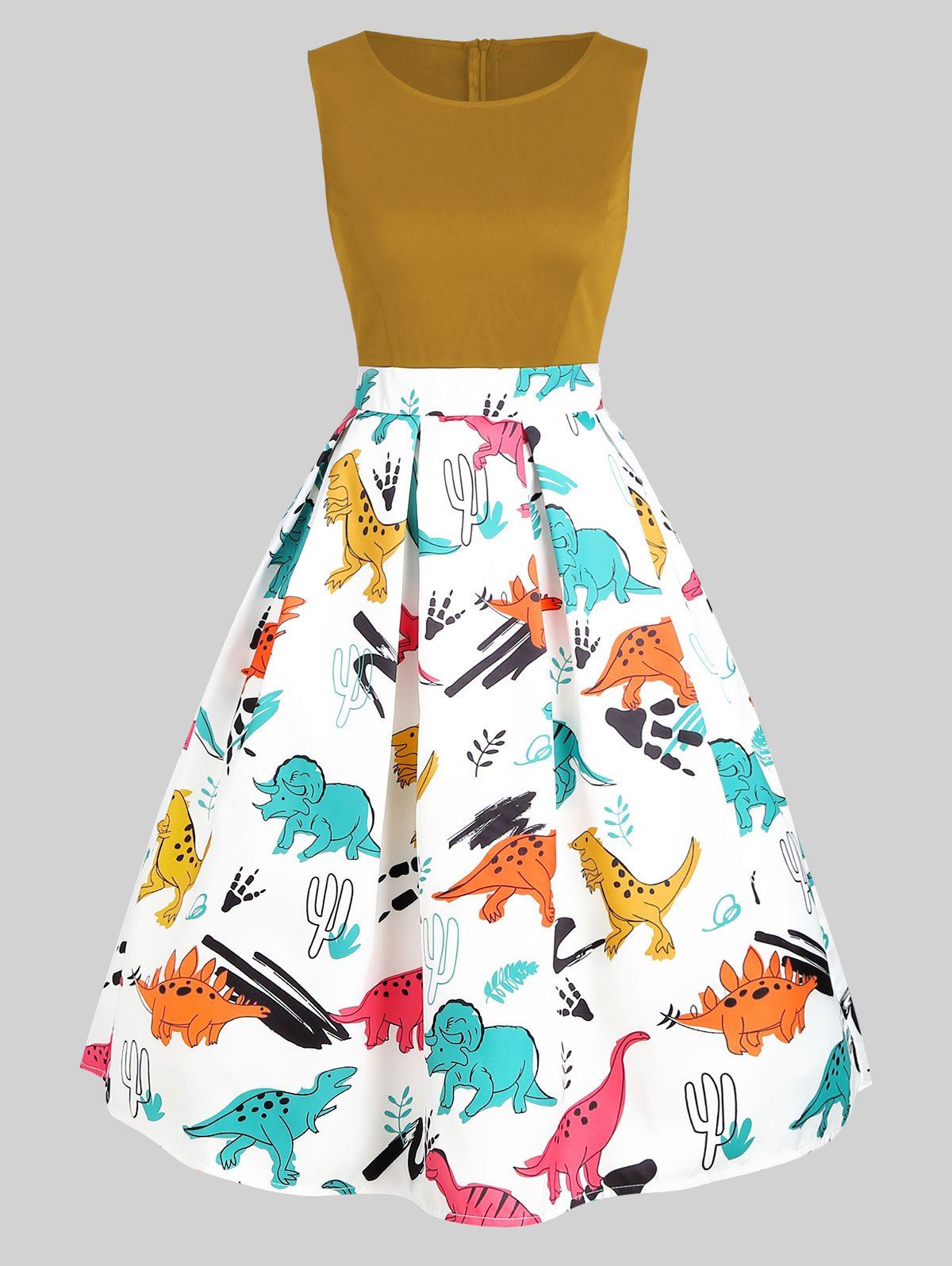 

Dinosaur Print Sleeveless A Line Dress, Bee yellow