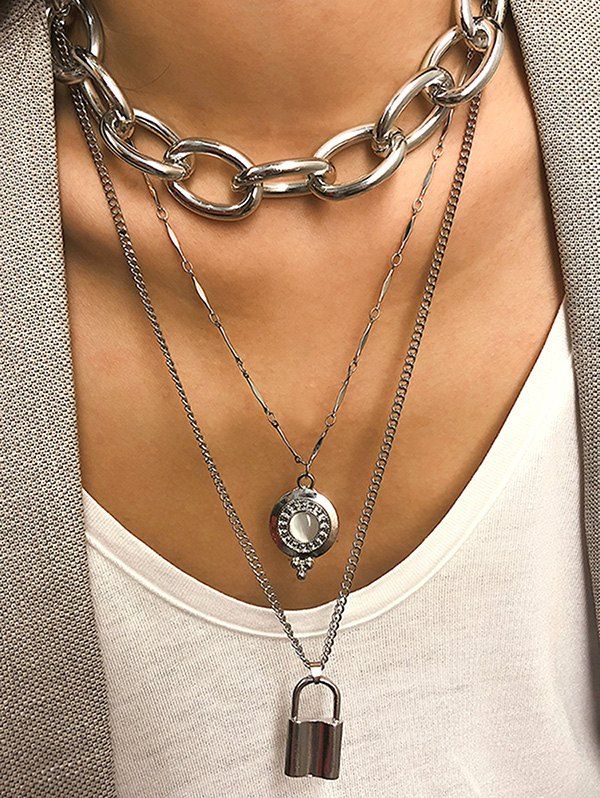 

Link Chain Lock Layered Necklace, Silver