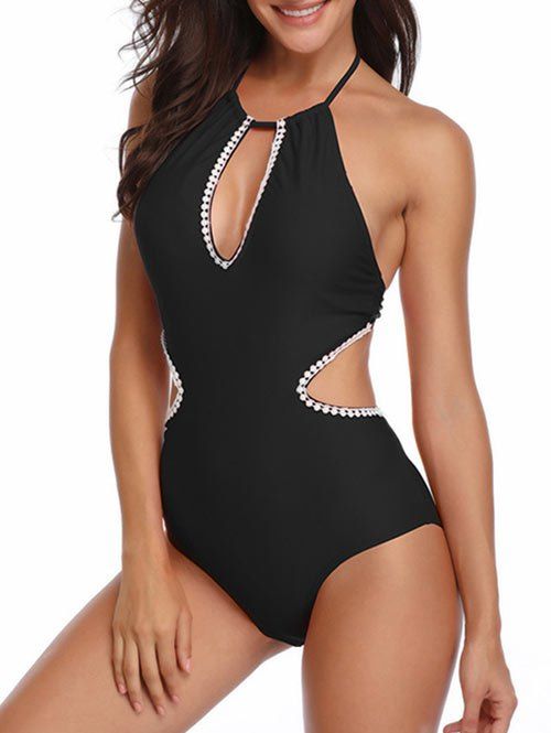 

Cut Out Crochet Trim Knotted Swimsuit, Black