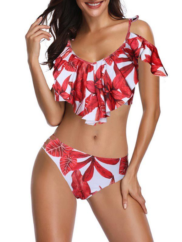 

Floral Print Cut Out Overlay Bikini Set, Red