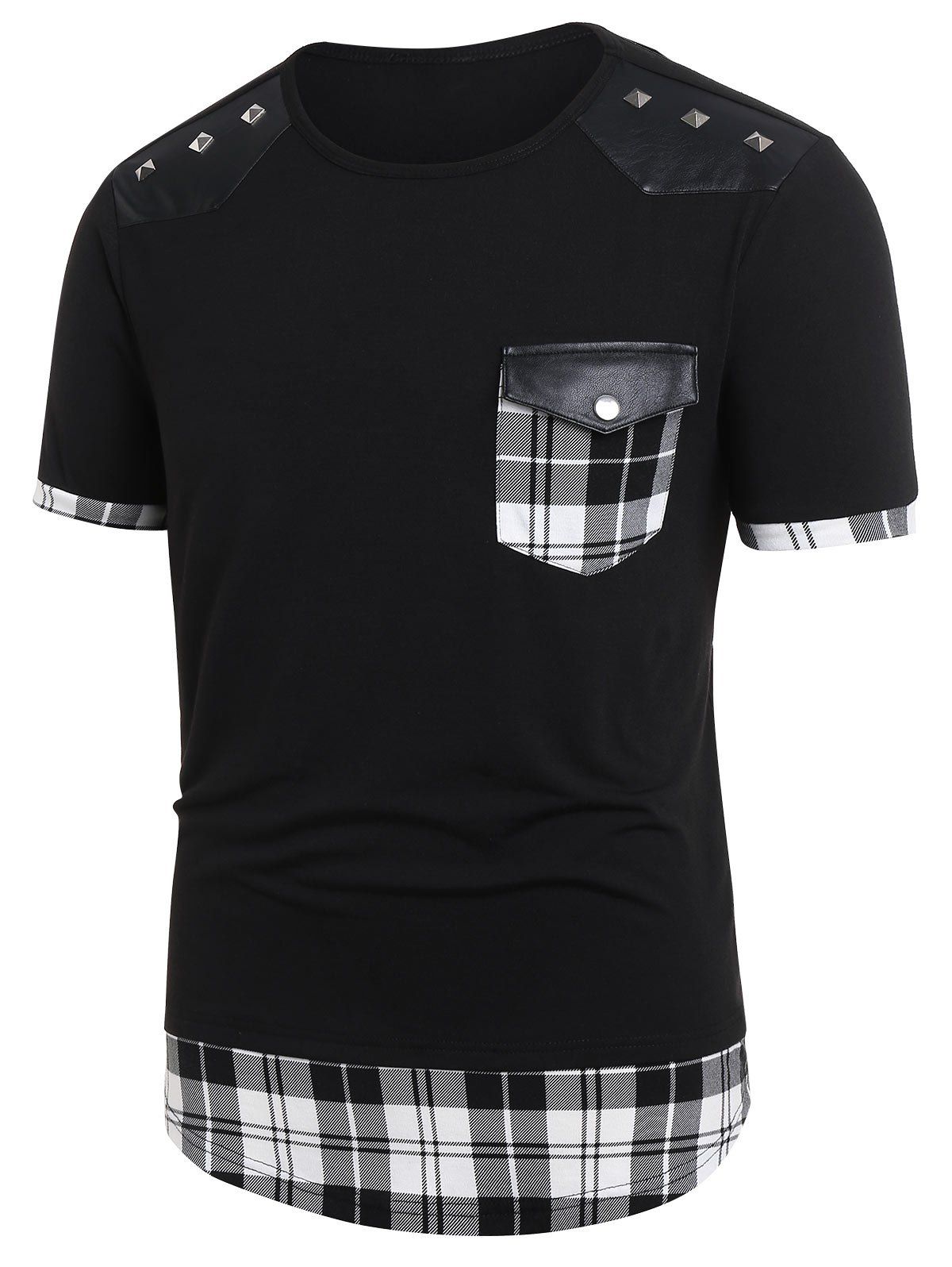 Faux Leather Insert Plaid Print Pocket T-shirt, Black