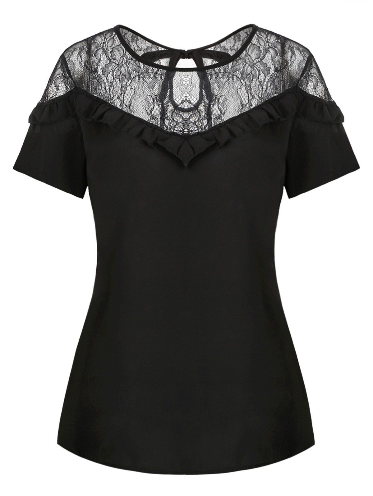 

Frilled Lace Panel Sheer Blouse, Black
