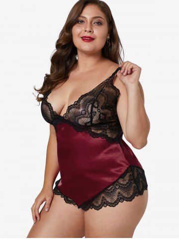 

Plus Size Scalloped Lace Panel T Back Babydoll, Red