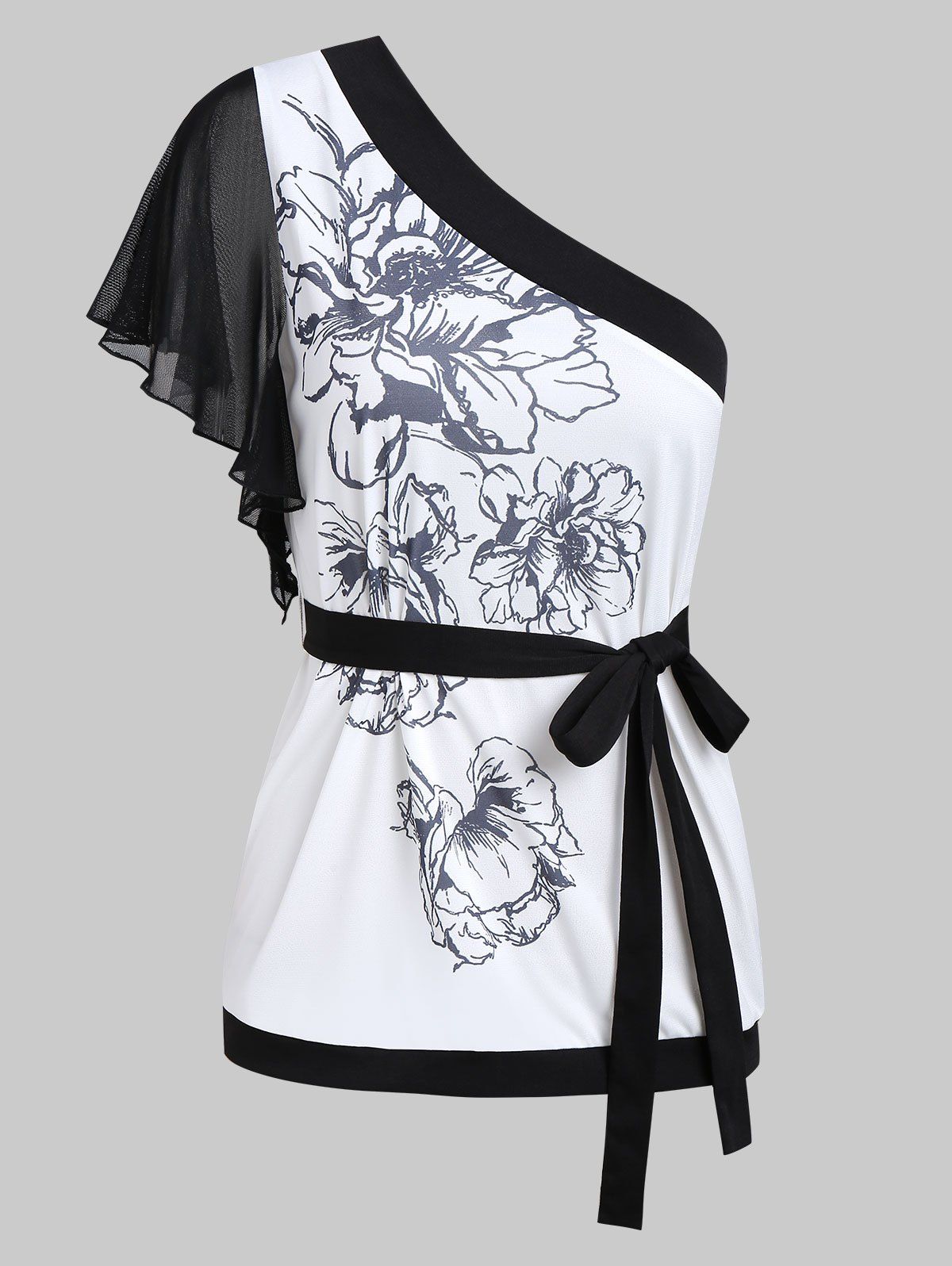 

Mesh Sleeve One Shoulder Flower Tee, Milk white