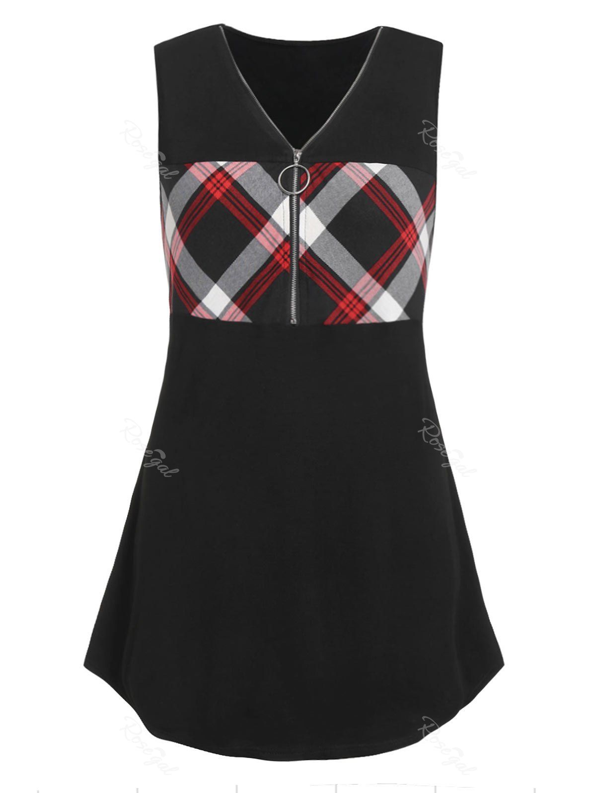 

Plus Size Zippered Plaid Pane Tank Top, Black