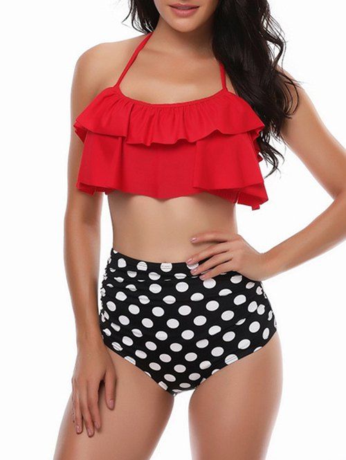 

Polka Dot Knotted Back Ruched Bikini Set, Red
