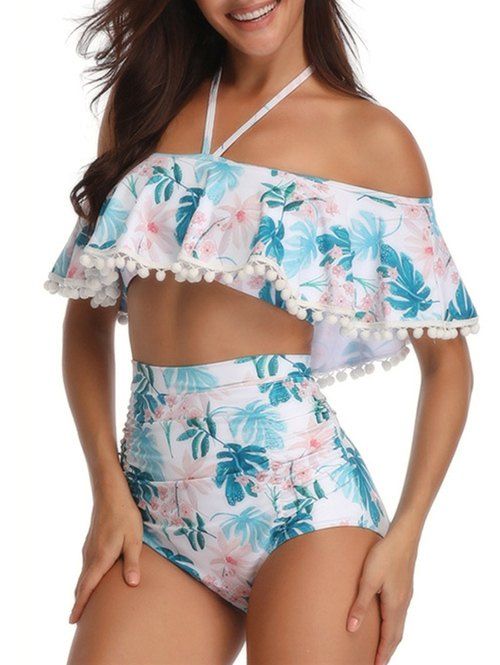 

Pompoms Floral Print Overlay Bikini Set, Greenish blue