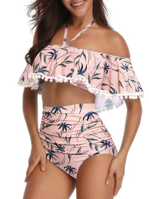 

Pompoms Floral Print Overlay Bikini Set, Apricot