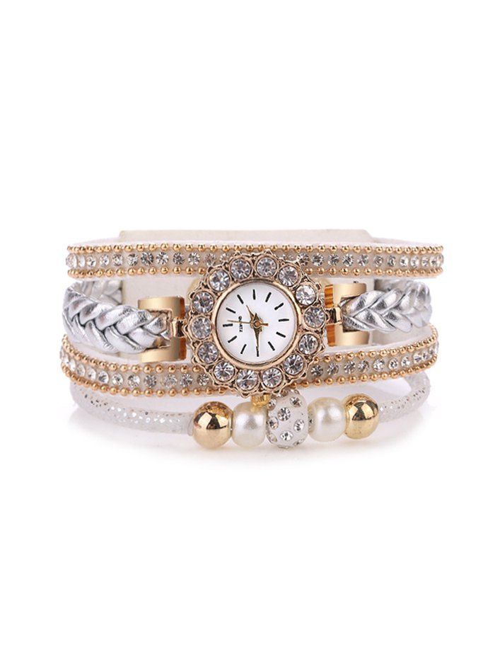 

Rhinestone Multilayer Bead Bracelet Watch, White