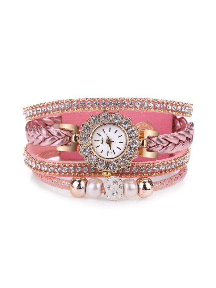 

Rhinestone Multilayer Bead Bracelet Watch, Pink