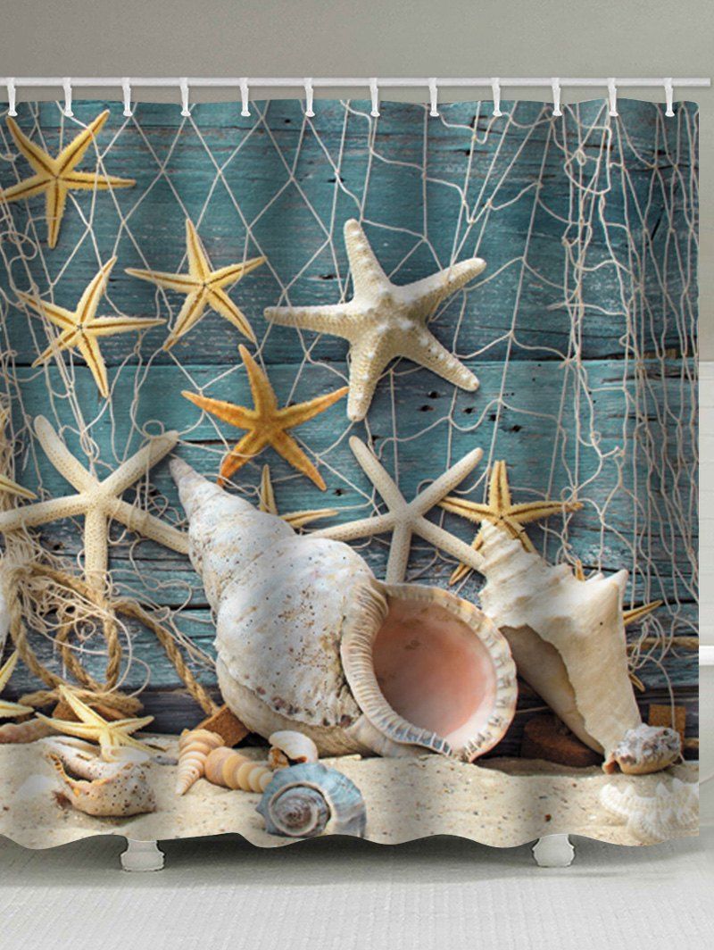 

Starfish Conch Wooden Waterproof Shower Curtain, Multi