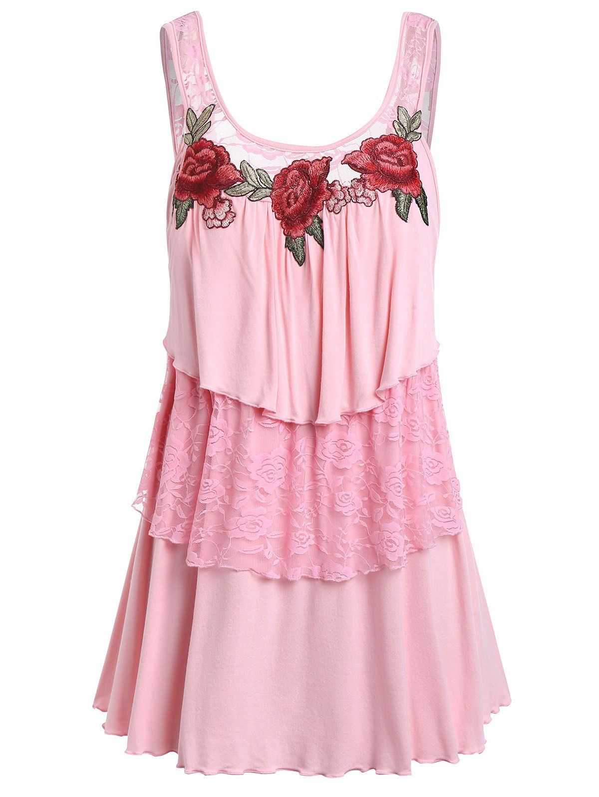 

Plus Size Embroidered Lace Panel Tank Top, Pig pink