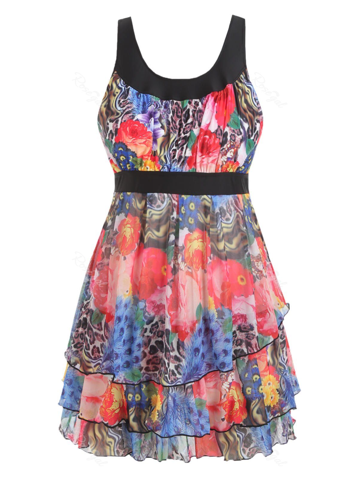 

Layered Mesh Panel Plus Size Printed Tankini Set, Multi