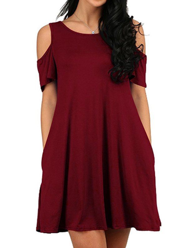 

Cold Shoulder A Line Dress, Red wine