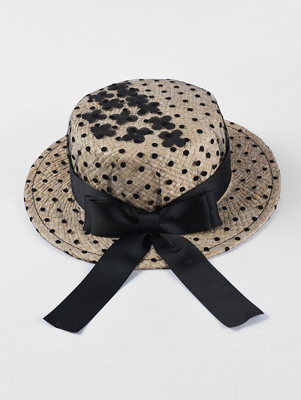 

Polka Dot Flower Bowknot Round Flat-top Hat, Black