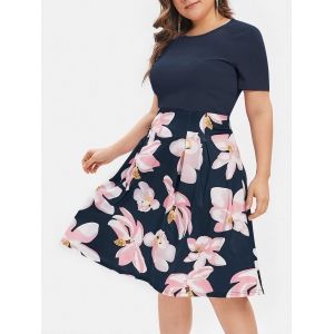 

Flower Plus Size Midi A Line Dress, Cadetblue