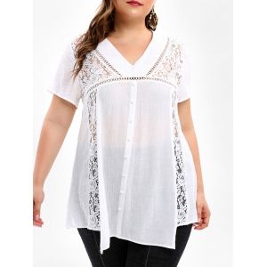 

Plus Size Lace Panel See Through Blouse, Milk white