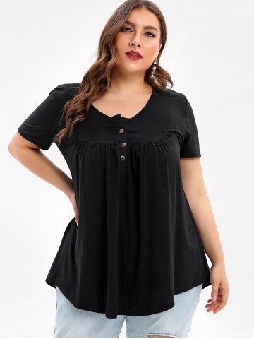 

Round Neck Plus Size Button Detail T-shirt, Black