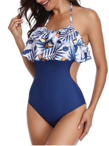 

Coconut Leaves Print Halter Tiered Swimsuit, Blue