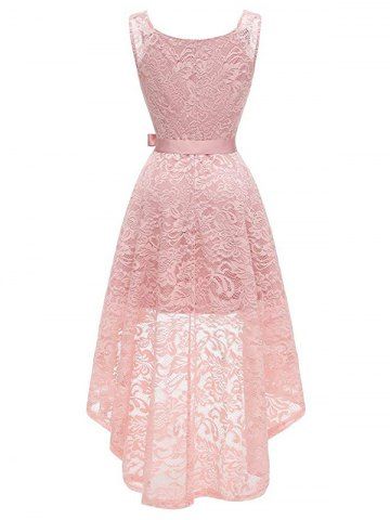 

V Neck Sleeveless High Low Lace Dress, Pink