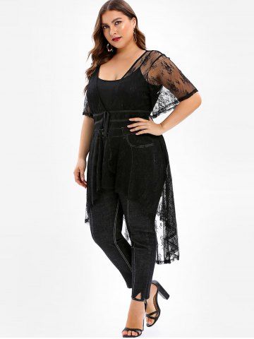 

See Through Plus Size Drawstring Waist Lace Top, Black