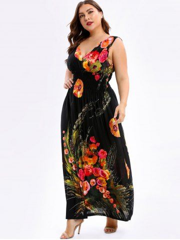 

Floral Shirred Plus Size Maxi Dress, Black