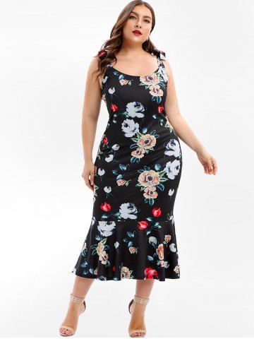 

Plus Size Tie Shoulder Floral Midi Fishtail Dress, Black